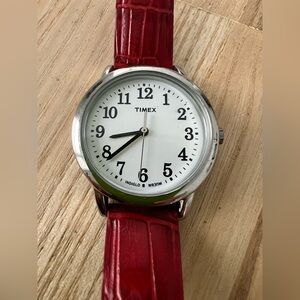 Timex ladies silver tone red leather watch NEW BATTERY